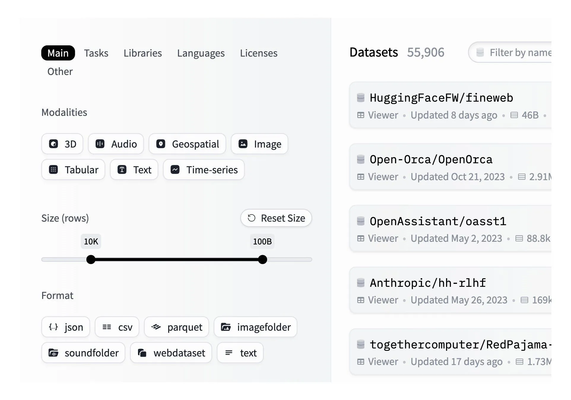 UI to filter datasets on Hugging Face